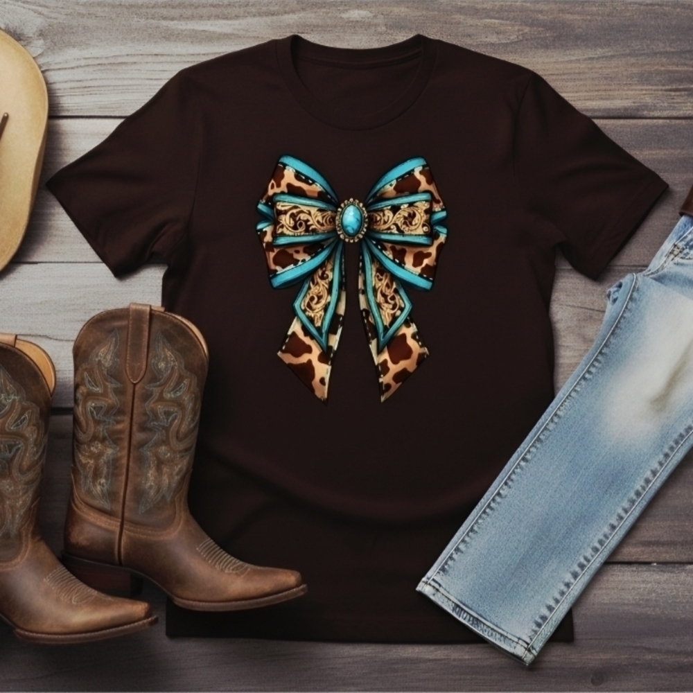 Cowhide Bow Western Tee Turquoise Cowgirl Graphic Shirt